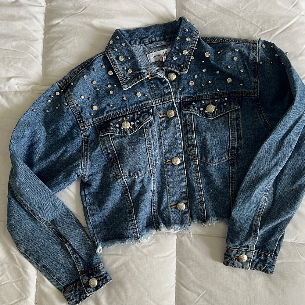Cropped Denim Jean Jacket with Rhinestones